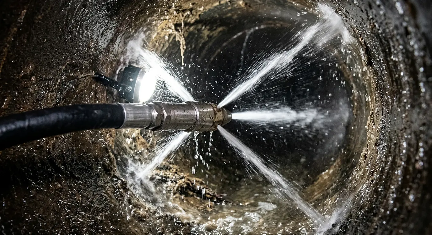 High-pressure hydro jetting nozzle cleaning sewer pipe for Sewer Line Relining in McPherson
