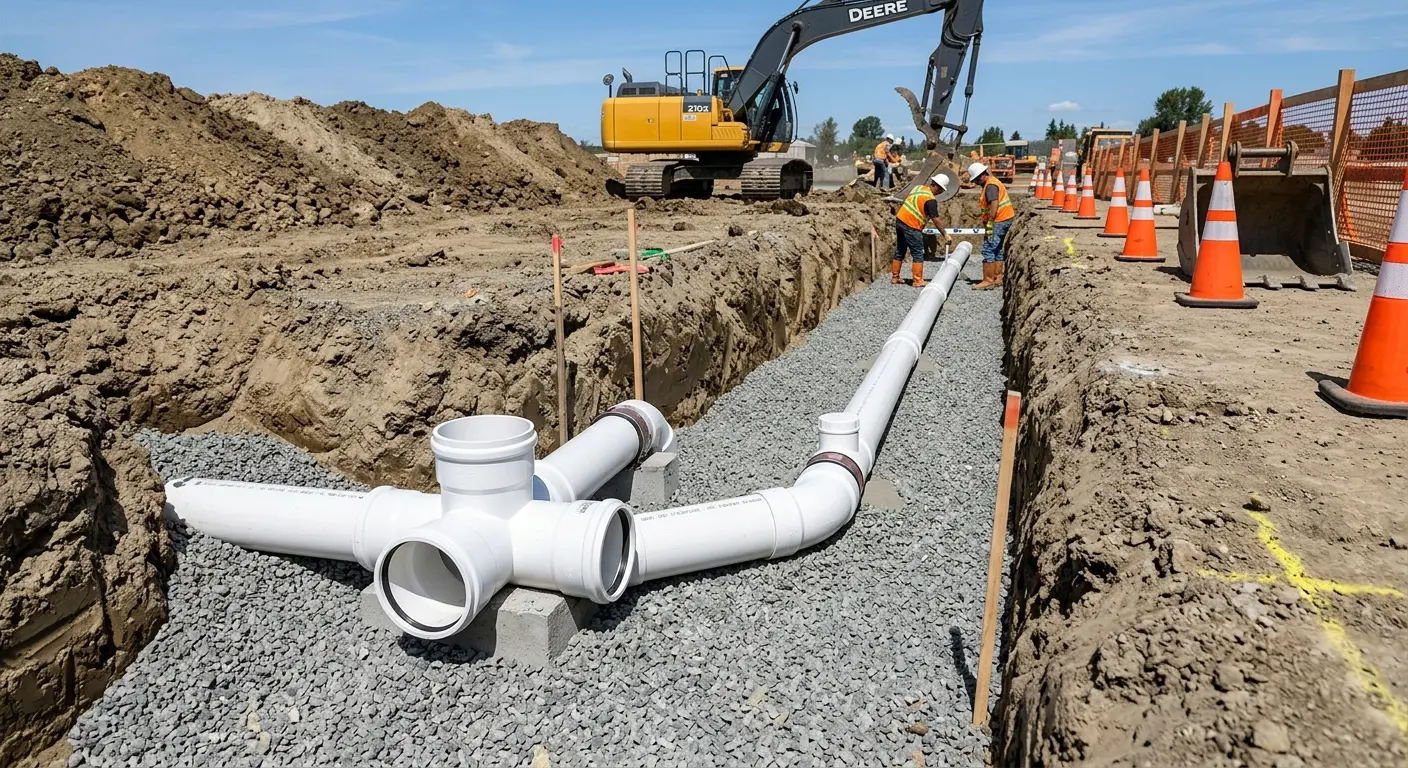 New PVC sewer pipe installation in open trench for Commercial Drain Cleaning in McPherson