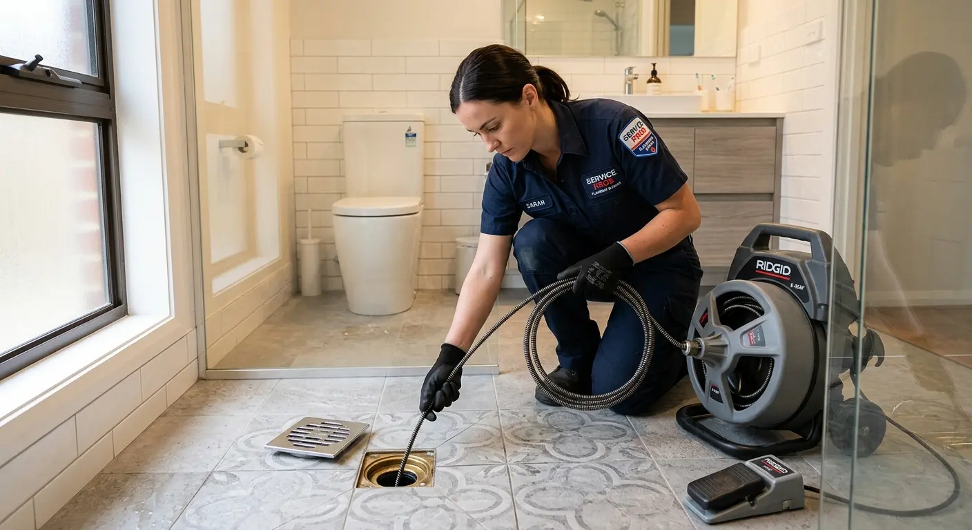 Technician clearing a bathroom floor drain for Clogged Drain Repair in McPherson